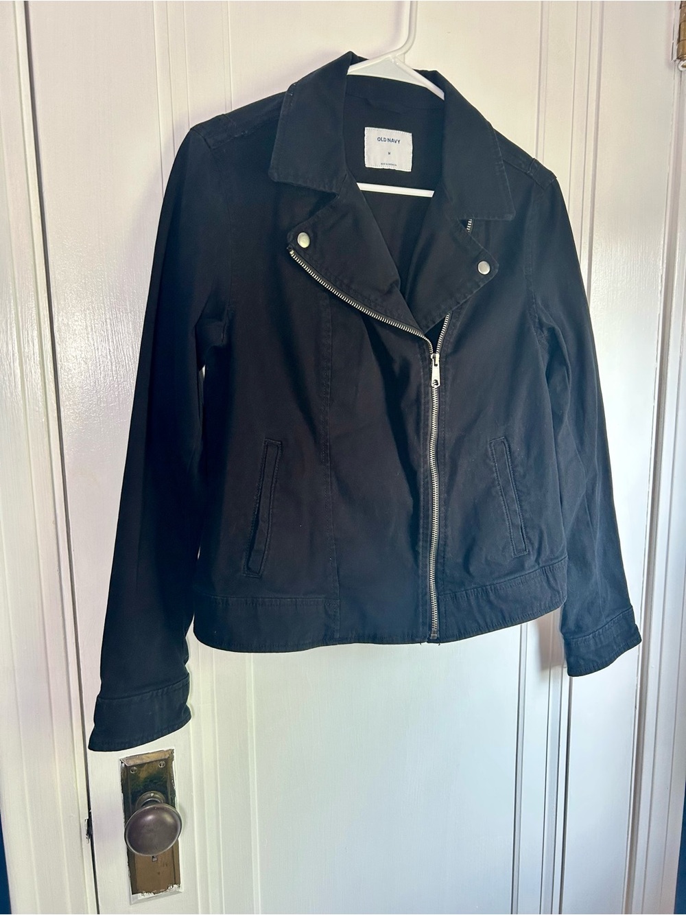 Old Navy Black Moto Jacket Women's Medium Zip Front Denim Biker Coat Size Medium - Picture 8 of 11